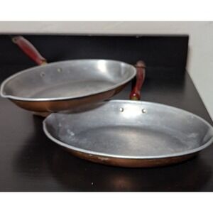 Vintage Fish/Sauce Pan, Copper/Brass/Tin Wooden Handle, Hanging Loop, Double Lip